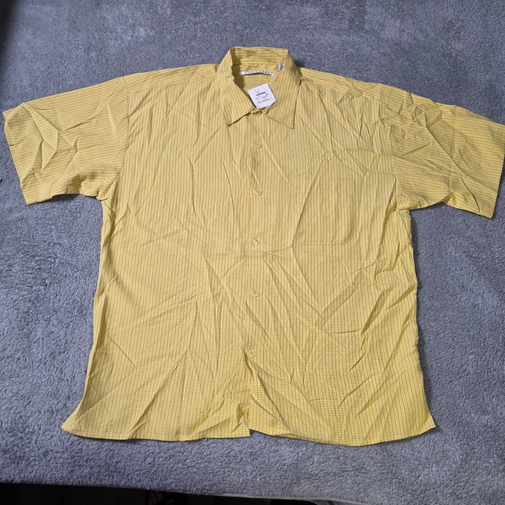 Linea Dome Mens Large Button Down Shirt Yellow‎ Micro Check Short Sleeve Pocket